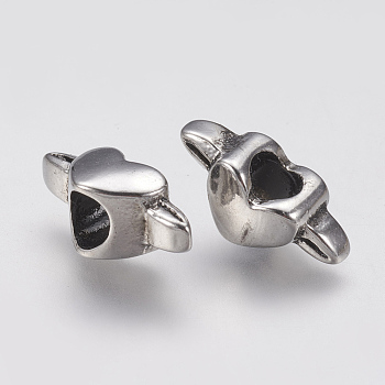 Ion Plating(IP) 304 Stainless Steel European Beads, Large Hole Beads, Heart, Antique Silver, 6x18x8mm, Hole: 5mm
