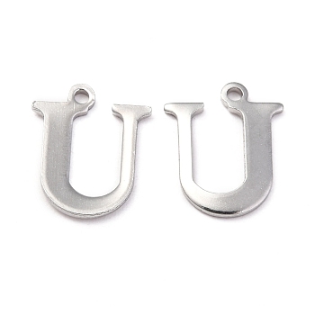 304 Stainless Steel Alphabet Charms, Stainless Steel Color, Letter.U, 12x9.5x1mm, Hole: 1mm