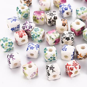 Printed Handmade Porcelain Beads, Cube, Mixed Color, 8.5x8.5x8.5mm, Hole: 2.5mm