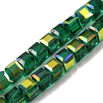 Electroplate Glass Beads Strands, Half Rainbow Plated, Faceted, Cube, Dark Green, 7~7.5x7~7.5x7~7.5mm, Hole: 1mm