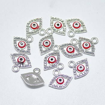 Alloy Charms, with Crystal Rhinestone and Red Enamel, Evil Eye, Silver Color Plated, 14x16.5x2.5mm, Hole: 2mm