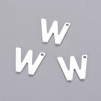 201 Stainless Steel Charms, Letter, Silver Color Plated, Letter.W, 11x12x0.6mm, Hole: 1mm