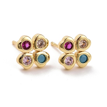 Clover Brass Micro Pave Colorful Cubic Zirconia Ear Studs, Lead Free & Cadmium Free, Real 18K Gold Plated, 9x9mm, Pin: 0.8mm
