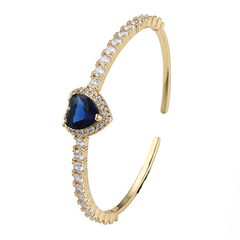 Cubic Zirconia Heart Open Cuff Bangle, Real 18K Gold Plated Brass Jewelry for Women, Dark Blue, Inner Diameter: 2-1/8 inch(5.4cm)