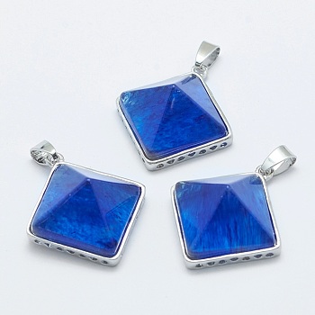 Blue Watermelon Stone Glass Pendants, with Brass Findings, Pyramid, Platinum, 32x28.5x14mm, Hole: 6x3mm