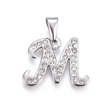304 Stainless Steel Pendants, with Rhinestone, Letter, Letter.M, 17.5x23x2mm, Hole: 3~3.5x7.5~8mm