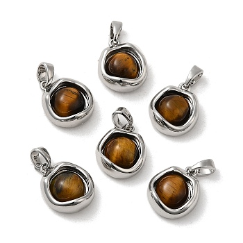 Natural Tiger Eye Brass Flat Round Charms, Real Platinum Plated, 14x11.5x6mm, Hole: 4x3mm