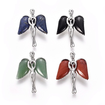 Natural Mixed Stone Pendants, with Platinum Tone Brass Findings, Angel, 34x23x8mm, Hole: 5x3mm