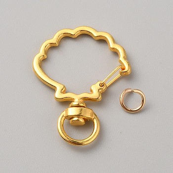 Alloy Swivel Clasps, Lanyard Push Gate Snap Clasps with Open Jump Rings, Shell Shape, Golden, 39x30x6mm, Hole: 8.9mm