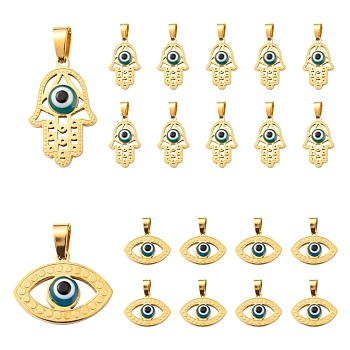4Pcs 2 Style 304 Stainless Steel Pendants, with Glass Evil Eye, Hamsa Hand/Hand of Miriam & Evil Eye, Golden, 16~24.5x15~21.5x3~4mm, Hole: 7x3mm, 2pcs/style