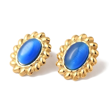 Oval Golden Ion Plating(IP) 304 Stainless Steel Stud Earrings for Women, with Cat Eye, Golden, Blue, 23x20mm