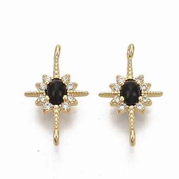 Brass Micro Pave Cubic Zirconia Links connectors, with Glass, Nickel Free, Star, Real 18K Gold Plated, Black, 16.5x9.5x3mm, Hole: 1mm