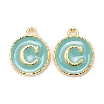 Golden Plated Alloy Enamel Charms, Cadmium Free & Lead Free, Enamelled Sequins, Flat Round with Letter, Turquoise, Letter.C, 14x12x2mm, Hole: 1.5mm