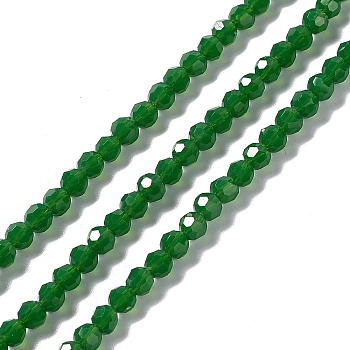 Faceted(32 Facets) Glass Beads Strands, Round, Dark Green, 4mm, Hole: 1mm, about 99~107pcs/strand, 14.09~15.43''(35.8~39.2cm)