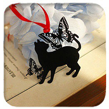 Metal Cat Bookmarks with Red Knotting Ribbon, Stainless Steel Hollow Bookmark Gift for Book Lovers, Teachers, Reader, Electrophoresis Black, Butterfly Pattern, 68x56mm