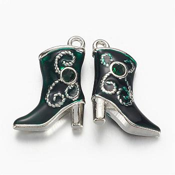 Alloy Enamel Pendants, Cadmium Free & Lead Free, with Rhinestones, Platinum Color, Boot, Green, about 16mm wide, 21mm long, hole: 1mm