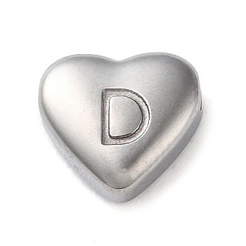 201 Stainless Steel Beads, Stainless Steel Color, Heart, Letter D, 7x8x3.5mm, Hole: 1.5mm