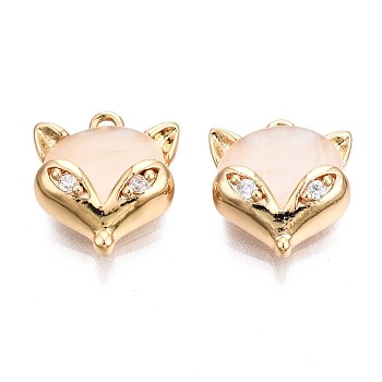 Brass Micro Pave PeachPuff Cubic Zirconia Pendants, with Glass Imitation Cat Eye, Fox Shape, Real 18K Gold Plated, 13x11.5x4.5mm, Hole: 1mm