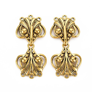 Brass Hook and S-Hook Clasps, Heart, Antique Golden, 46x21mm, Clasps: 24x21x5mm thick, Hole: 1.4mm, Heart: 25x21x5mm thick, Hole: 1.4mm.