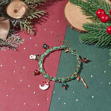 Christmas Candy Cane & Reindeer & Moon Alloy Charm Bracelet with Glass Beads(BJEW-TA00090-01)-2