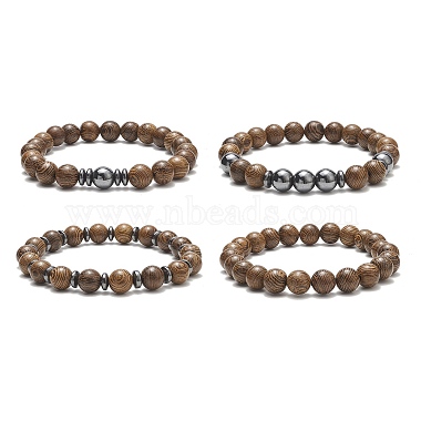 4Pcs 4 Style Natural Wenge Wood & Synthetic Hematite Beaded Stretch Bracelets Set for Women(BJEW-JB09156)-2
