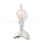 Natural Cultured Freshwater Pearl & Brass Pendants, Fish Charms, Rack Plating, Cadmium Free & Lead Free, Long-Lasting Plated, Platinum, 21.5x9.5x5mm, Hole: 2mm(KK-U062-15P)