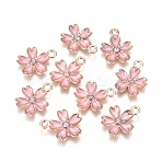 Alloy Enamel Pendants, with Crystal Rhinestone, Sakura Flower, Golden, Pink, 17x14x2.5mm, Hole: 1.6mm(X-ENAM-TAC0001-10E)