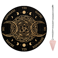 1Pc Wood Pendulum Board, 1Pc 304 Stainless Steel Cable Chain Necklaces, 1Pc Natural Rose Quartz Stone Pendants, for Witchcraft Wiccan Altar Supplies, Moon Phase Pattern, Board: 200x4mm(DIY-GA0005-19F)