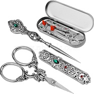 Stainless Steel Scissors Needle Sewing Tool Set, Antique Silver, 145x85x34mm(PW-WG68066-01)