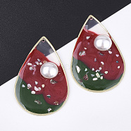 Epoxy Resin Pendants, with ABS Plastic Imitation Pearl and Shell, Brass Findings and Enamel, teardrop, Golden, Red, 47x30x6mm, Hole: 1.5mm(X-RESI-S365-57C)