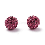 Pave Disco Ball Beads, Polymer Clay Rhinestone Beads, Round, Fuchsia, 10mm, Hole: 1.5mm(X-RB-A130-10mm-16)
