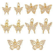 Elite 10Pcs 5 Style Brass Micro Pave Clear Cubic Zirconia Charms, with Jump Ring, Butterfly Charm, Real 18K Gold Plated, 9.5~15x9.5~13x2~2.5mm, Hole: 3~3.5mm, 2pcs/style(KK-PH0006-04)