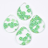 Transparent Clear Cellulose Acetate(Resin) Pendants, Printed, Teardrop with Flower, Lime Green, 34x28x2.5mm, Hole: 1.4mm(KY-T040-54A)