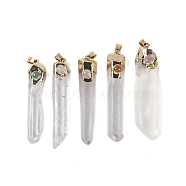 Natural Quartz Crystal Big Pendants with Mixed Stone, Rock Crystal Prism Charms with Golden Tone Metal Snap on Bails, 58.5~63x10~18x9.5~17mm, Hole: 8x4mm(G-C140-11)