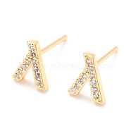 Brass Micro Pave Clear Cubic Zirconia Stud Earrings, Greek Alphabet, Real 18k Gold Plated, Letter.L, 8x6.5x1.8mm, Pin: 0.8mm(EJEW-O103-01G)