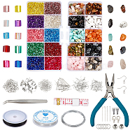 DIY Jewelry Kits, with Gemstone Beads, FGB Glass Beads, Iron Jump Rings & Earring Hooks, Elastic Crystal Thread and 304 Stainless Steel Tweezers, Mixed Color, 130x68x21mm(DIY-PH0027-80)