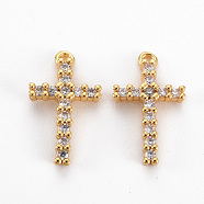Brass Clear Cubic Zirconia Pendants, Nickel Free, Cross, Real 18K Gold Plated, 17x10x2.5mm, Hole: 0.9mm(KK-N233-102-NF)