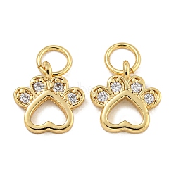 Rack Plating Brass Micro Pave Clear Cubic Zirconia Charms, Lead Free & Cadmium Free,  Long-Lasting Plated. Paw Print, Real 18K Gold Plated, 10x10x2.5mm, Hole: 3.5mm(KK-U030-07G)