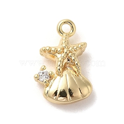 Marine Animal Theme Golden Brass Micro Pave Clear Cubic Zirconia Pendants, Starfish, 12.5x8x4mm, Hole: 1.2mm(KK-U031-01G-03)