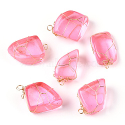 Glass Pendants, with Golden Plated Brass Findings, Nuggets Charms, Hot Pink, 32~35x14.5~19x13.5~20mm, Hole: 5mm(KK-F868-18G-01)