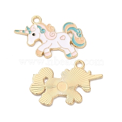 Alloy Enamel Pendants, Golden, Unicorn Charm, Pink, 25.5x32x1.5mm, Hole: 2.5mm(ENAM-D046-24G-03)