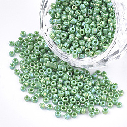 Opaque Glass Seed Beads, Rainbow Plated, Round, Medium Sea Green, 4mm, Hole: 1.5mm, about 4500pcs/bag(SEED-S023-01A-07)