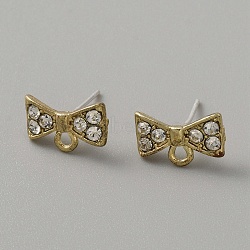 Alloy Stud Earrings, with Crystal Rhinestone & Horizontal Loops, Bowknot, Golden, 8x13mm, Hole: 1.6mm, Pin: 0.8mm(FIND-TAC0005-44G)