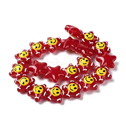 Glass Enamel Beads, Hand Drawn Beads Star with Smiling Face Pattern, FireBrick, 20.5x22x11mm, Hole: 1.6mm(GLAA-G107-03)