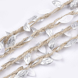 Polyester Leaf Trim Ribbon, with Hemp Twine, for Wedding Party Home Decoration, Silver, 5~6x2~2.5mm, about 100m/bundle(OCOR-S035-02B)