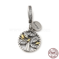 Thailand 925 Sterling Silver Micro Pave Clear Cubic Zirconia European Dangle Charms, Tree of Life Pendants, Antique Silver, 27.5mm, Hole: 4.8mm(STER-NH0001-08AS)