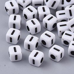 White Opaque Acrylic Beads, Horizontal Hole, Cube with Black Alphabet, Letter.I, 4~5x4~5x4~5mm, Hole: 1.8mm, about 6470~6500pcs/500g(MACR-R869-02I)