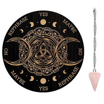 1Pc Wood Pendulum Board, 1Pc 304 Stainless Steel Cable Chain Necklaces, 1Pc Natural Rose Quartz Stone Pendants, for Witchcraft Wiccan Altar Supplies, Moon Phase Pattern, Board: 200x4mm