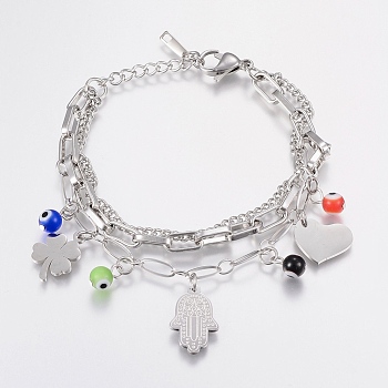 304 Stainless Steel Charm Multi-strand Bracelets, with Lampwork Evil Eye Beads, Heart, Clover and Hamsa Hand/Hand of Fatima/Hand of Miriam, Stainless Steel Color, 6-3/4 inch(170mm), 3~5mm, 10~19x6~15x1.2~6mm