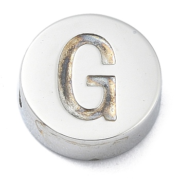 Tarnish Resistant 304 Stainless Steel Beads, Flat Round with Letter, Stainless Steel Color, Letter G, 8x3mm, Hole: 1.6mm